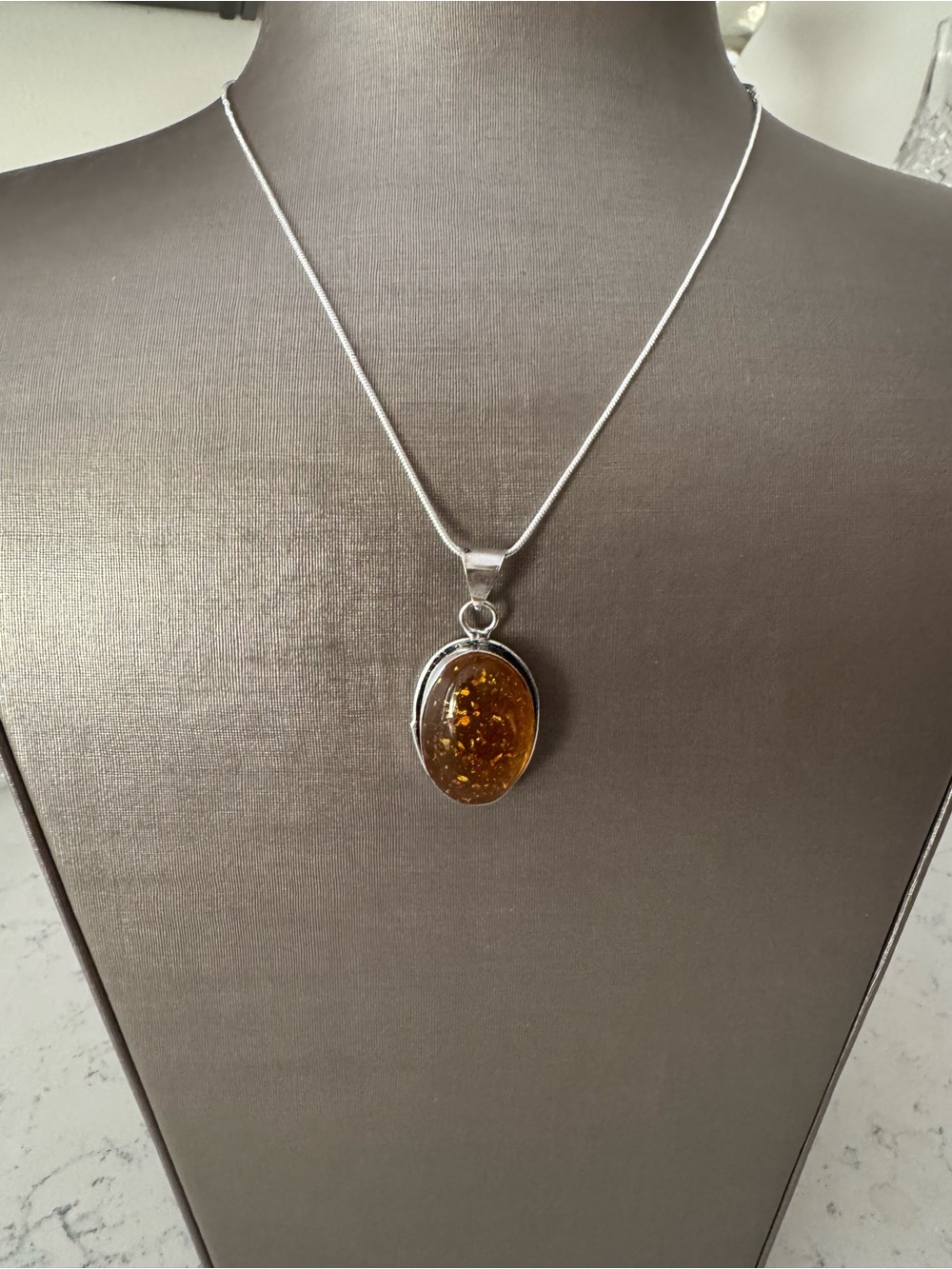 Sterling Silver Amber Oval Pendant Necklace - Honey Amber